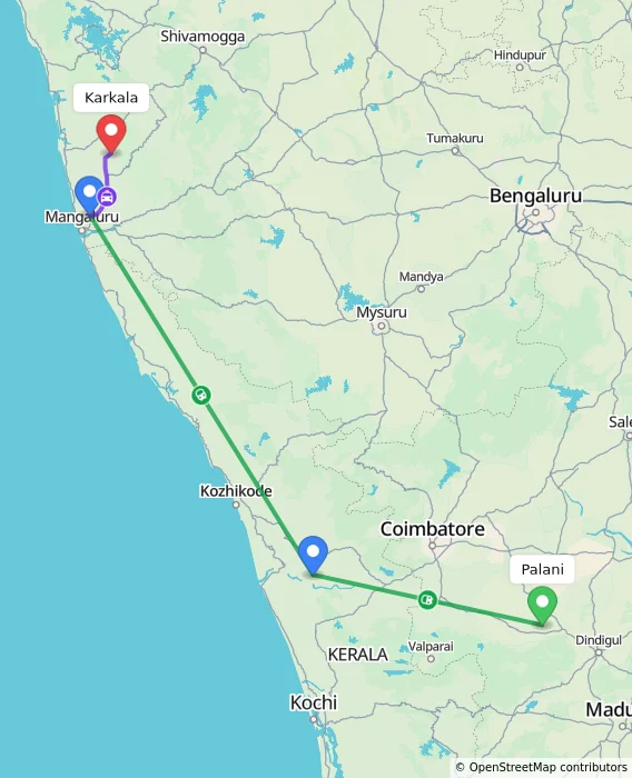 Route map showing distance and travel time from Palani, India to Karkala, India