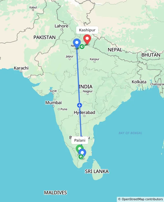 Route map showing distance and travel time from Palani, India to Kashipur, India