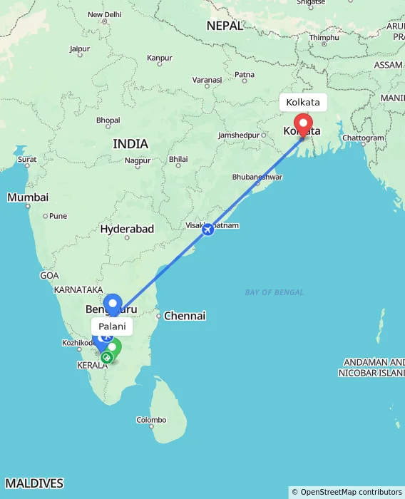 Route map showing distance and travel time from Palani, India to Kolkata, India