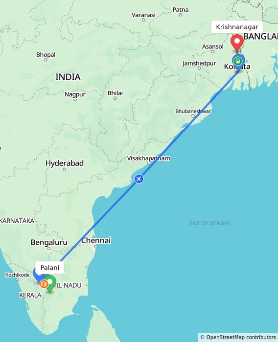 Route map showing distance and travel time from Palani, India to Krishnanagar, India