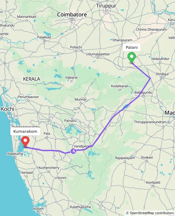 Route map showing distance and travel time from Palani, India to Kumarakom, India