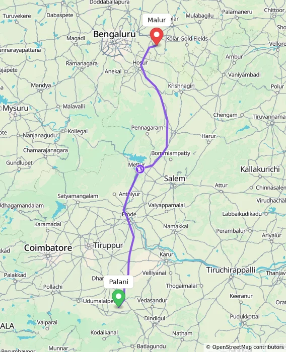 Route map showing distance and travel time from Palani, India to Malur, India