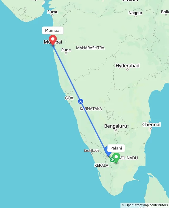 Route map showing distance and travel time from Palani, India to Mumbai, India
