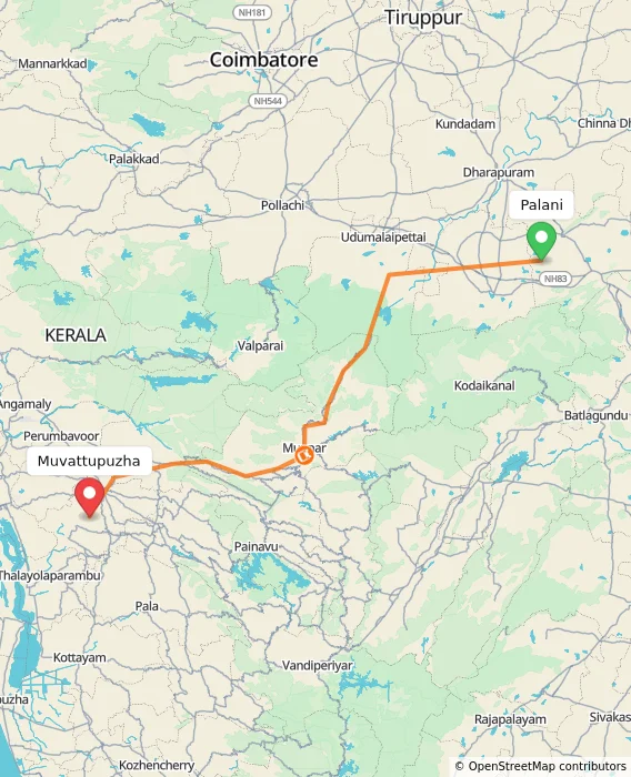 Route map showing distance and travel time from Palani, India to Muvattupuzha, India