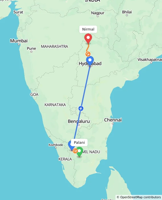 Route map showing distance and travel time from Palani, India to Nirmal, India
