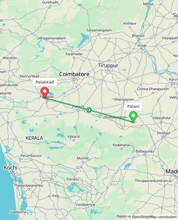 Route map showing distance and travel time from Palani, India to Palakkad, India