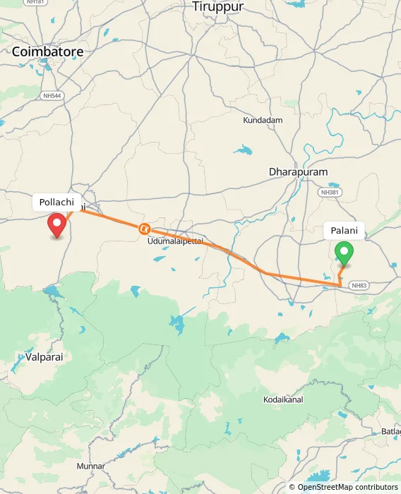 Route map showing distance and travel time from Palani, India to Pollachi, India