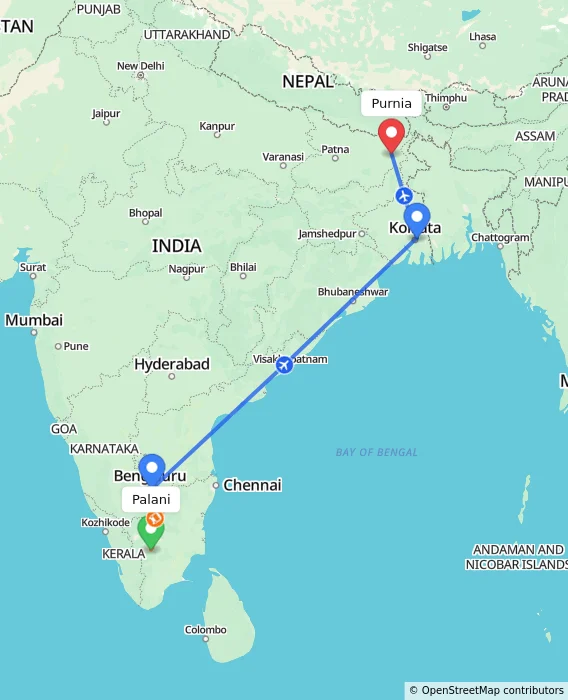 Route map showing distance and travel time from Palani, India to Purnia, India