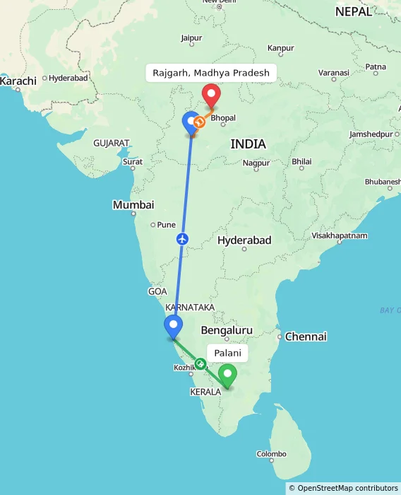 Route map showing distance and travel time from Palani, India to Rajgarh, Madhya Pradesh, India