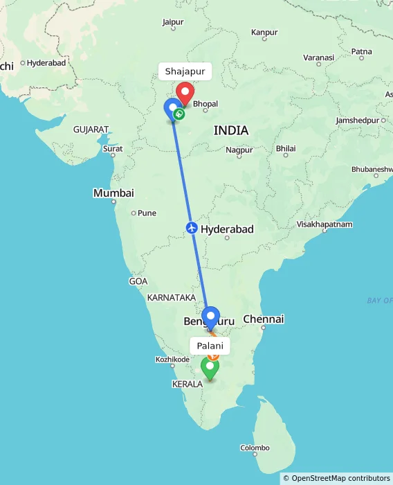 Route map showing distance and travel time from Palani, India to Shajapur, India