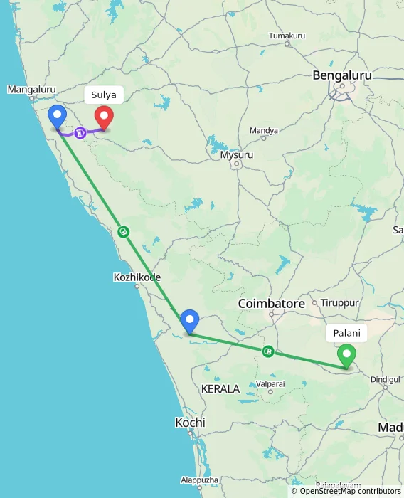 Route map showing distance and travel time from Palani, India to Sulya, India