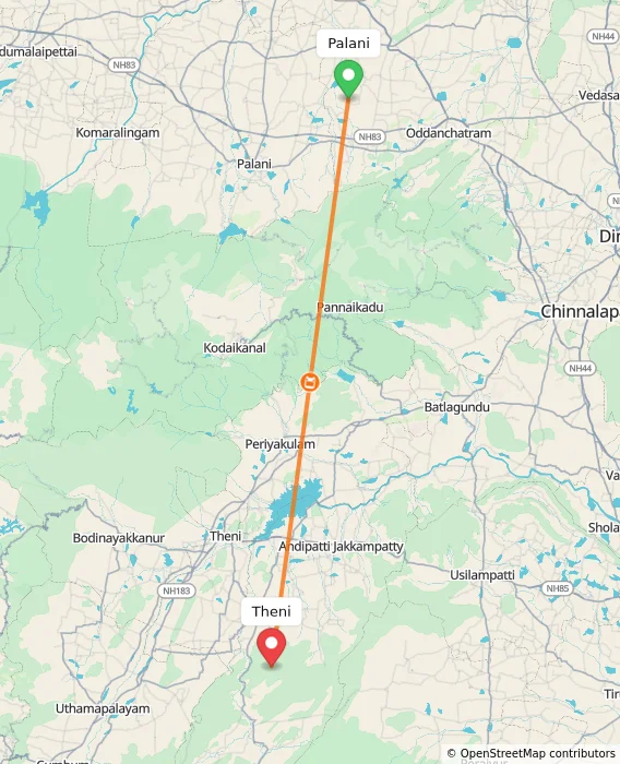 Route map showing distance and travel time from Palani, India to Theni, India