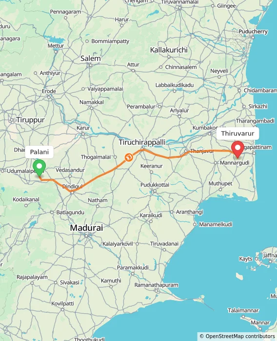 Route map showing distance and travel time from Palani, India to Thiruvarur, India