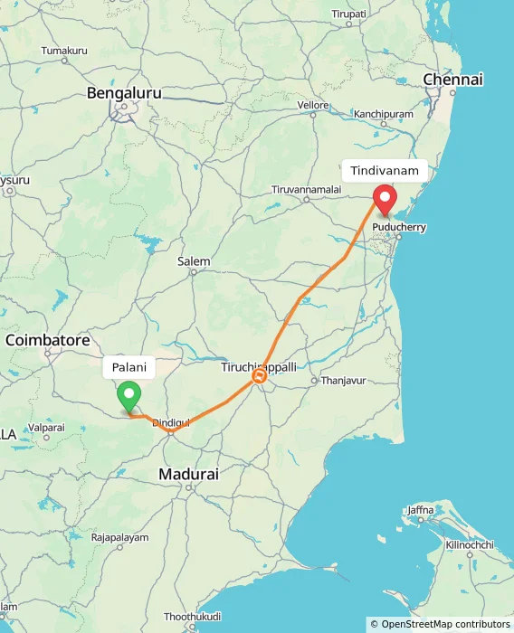 Route map showing distance and travel time from Palani, India to Tindivanam, India