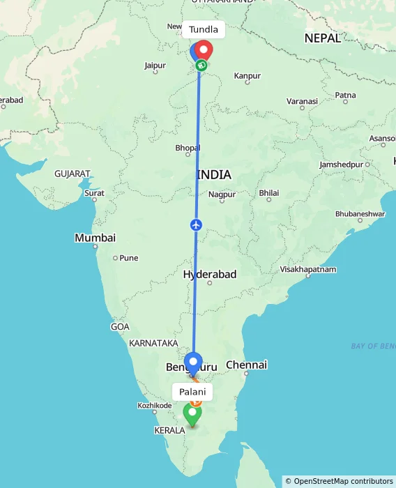 Route map showing distance and travel time from Palani, India to Tundla, India