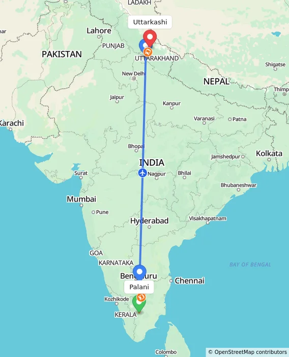 Route map showing distance and travel time from Palani, India to Uttarkashi, India
