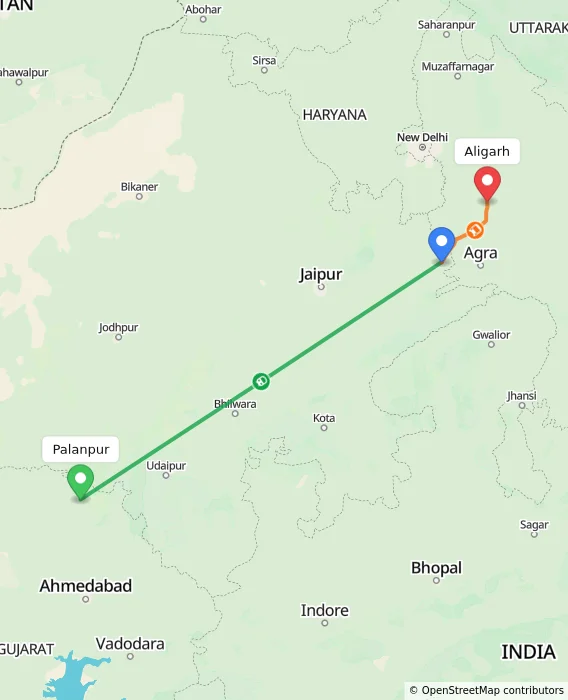 Route map showing distance and travel time from Palanpur, India to Aligarh, India