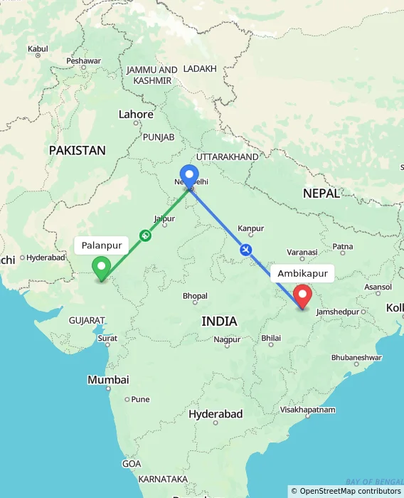 Route map showing distance and travel time from Palanpur, India to Ambikapur, India