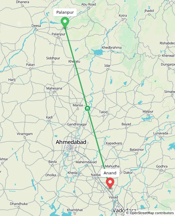 Route map showing distance and travel time from Palanpur, India to Anand, India