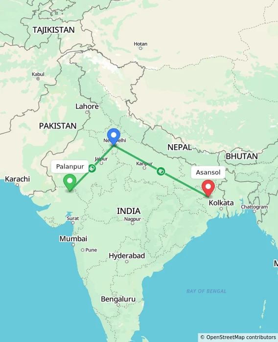 Route map showing distance and travel time from Palanpur, India to Asansol, India