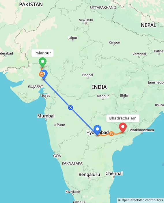Route map showing distance and travel time from Palanpur, India to Bhadrachalam, India
