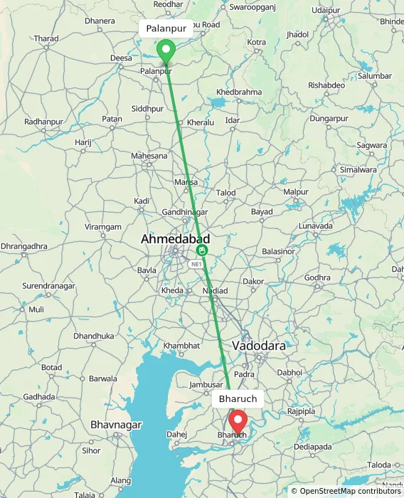 Route map showing distance and travel time from Palanpur, India to Bharuch, India