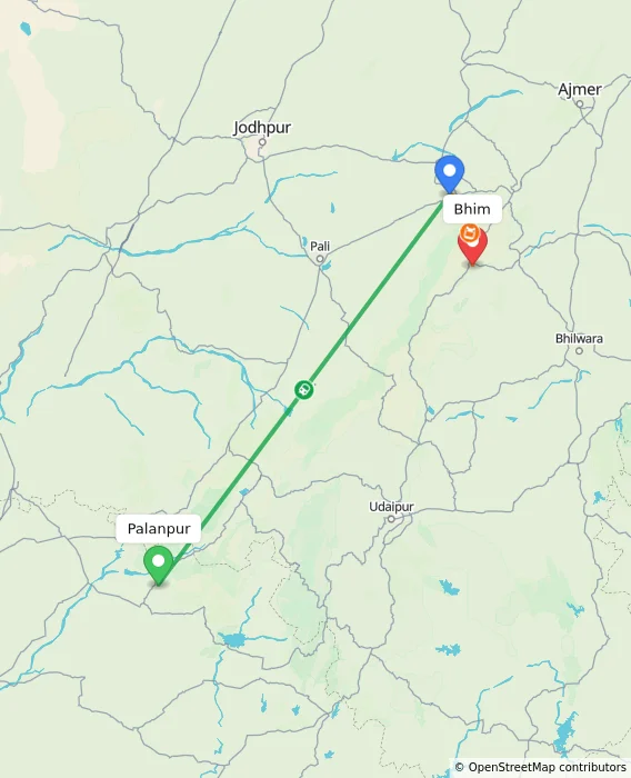 Route map showing distance and travel time from Palanpur, India to Bhim, India