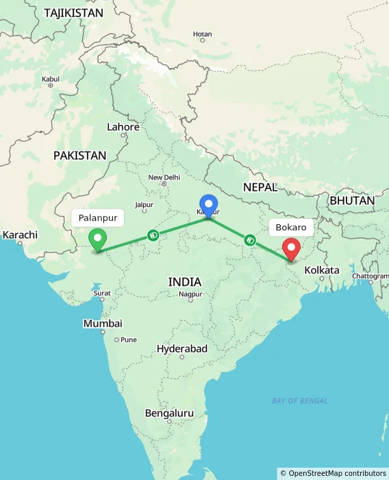 Route map showing distance and travel time from Palanpur, India to Bokaro, India