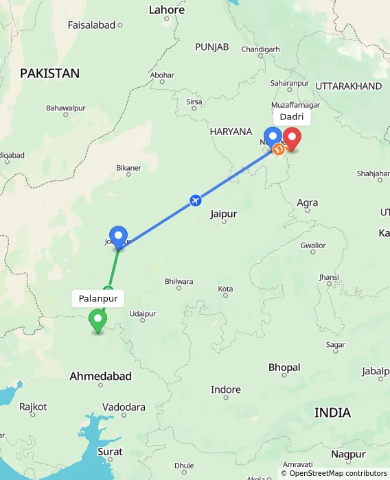 Route map showing distance and travel time from Palanpur, India to Dadri, India