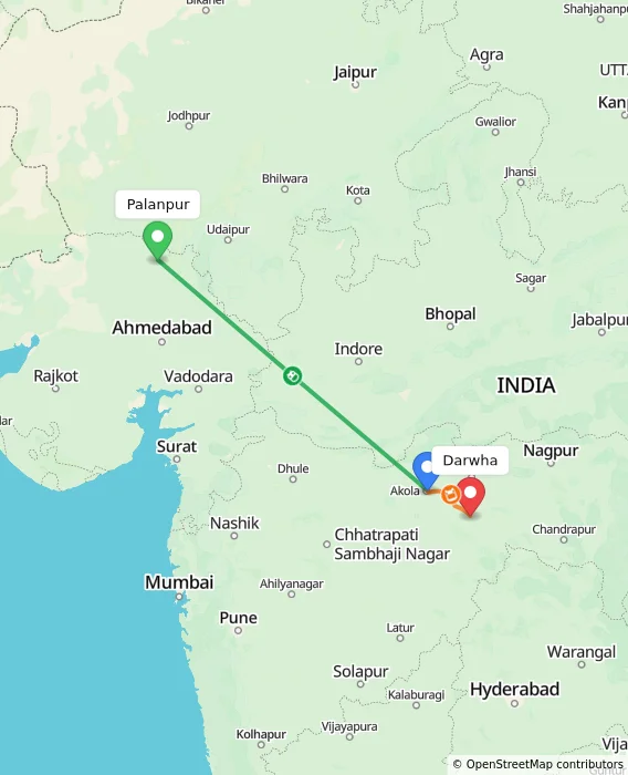 Route map showing distance and travel time from Palanpur, India to Darwha, India