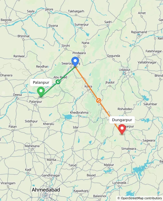 Route map showing distance and travel time from Palanpur, India to Dungarpur, India