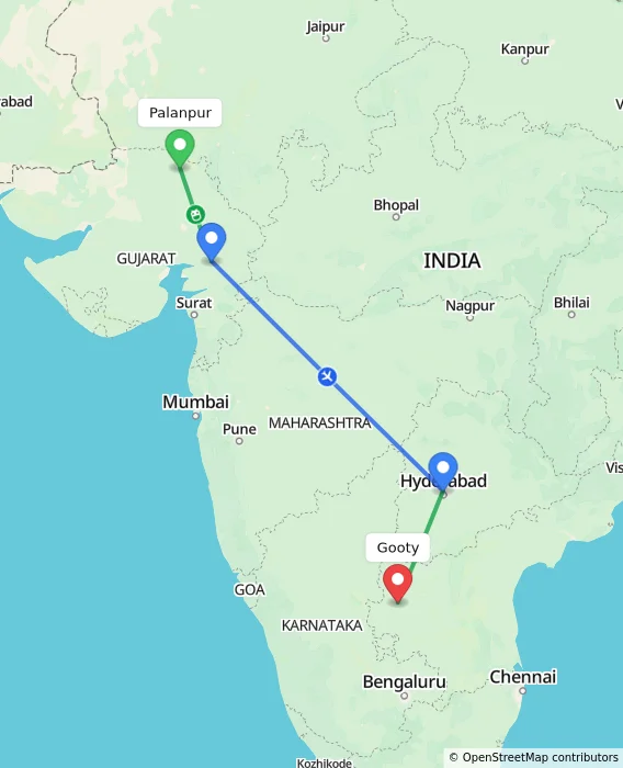 Route map showing distance and travel time from Palanpur, India to Gooty, India
