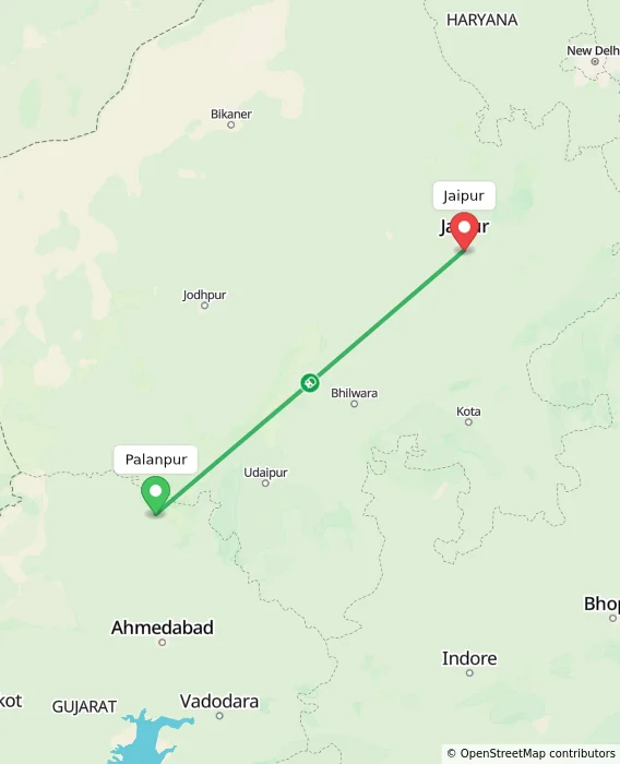 Route map showing distance and travel time from Palanpur, India to Jaipur, India