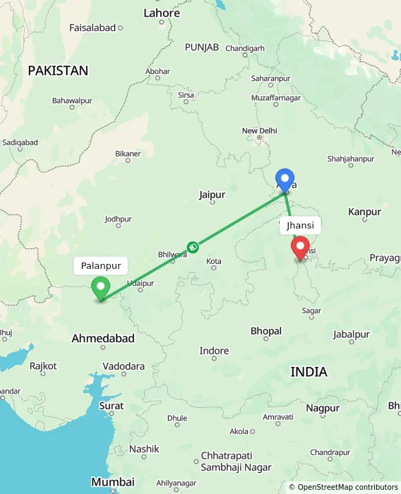 Route map showing distance and travel time from Palanpur, India to Jhansi, India