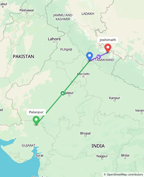 Route map showing distance and travel time from Palanpur, India to Joshimath, India