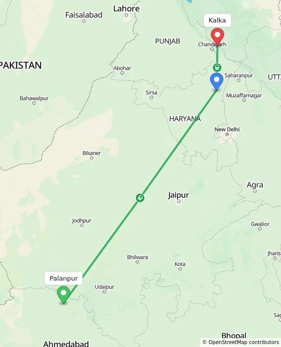 Route map showing distance and travel time from Palanpur, India to Kalka, India