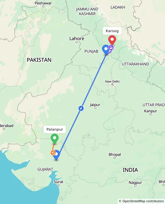 Route map showing distance and travel time from Palanpur, India to Karsog, India