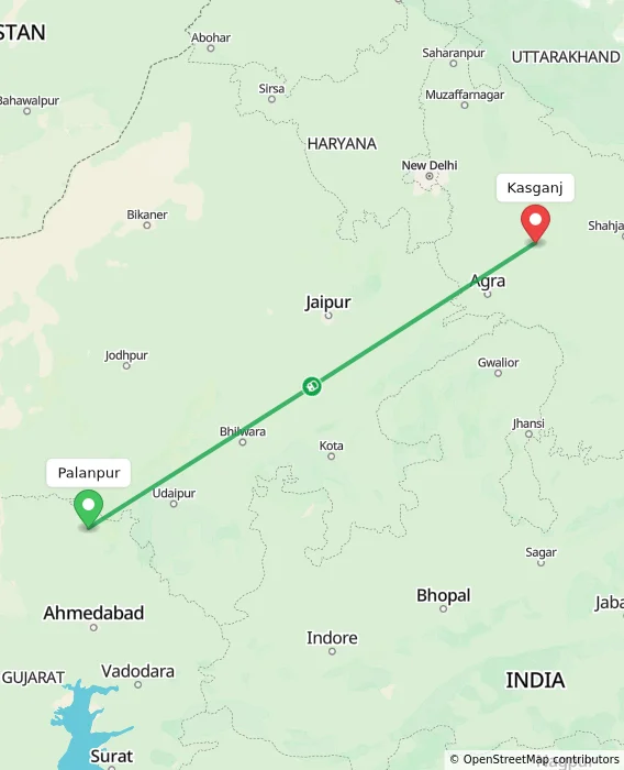 Route map showing distance and travel time from Palanpur, India to Kasganj, India