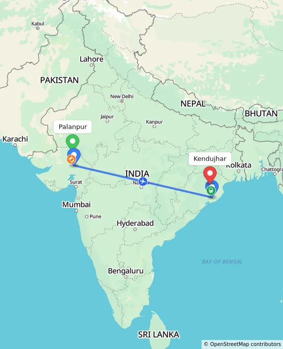 Route map showing distance and travel time from Palanpur, India to Kendujhar, India