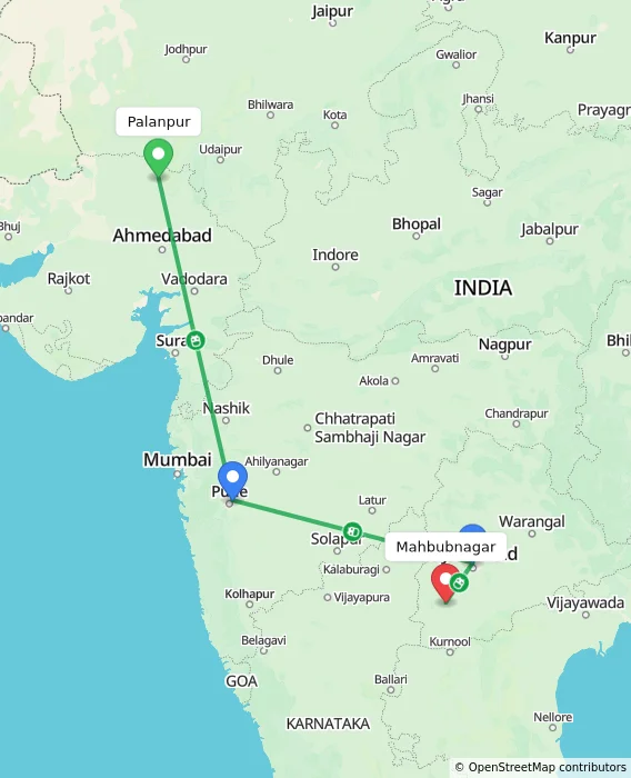 Route map showing distance and travel time from Palanpur, India to Mahbubnagar, India