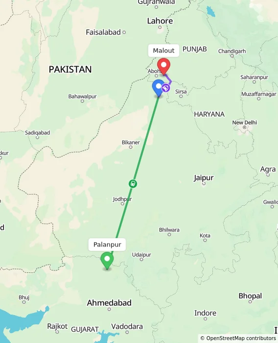 Route map showing distance and travel time from Palanpur, India to Malout, India