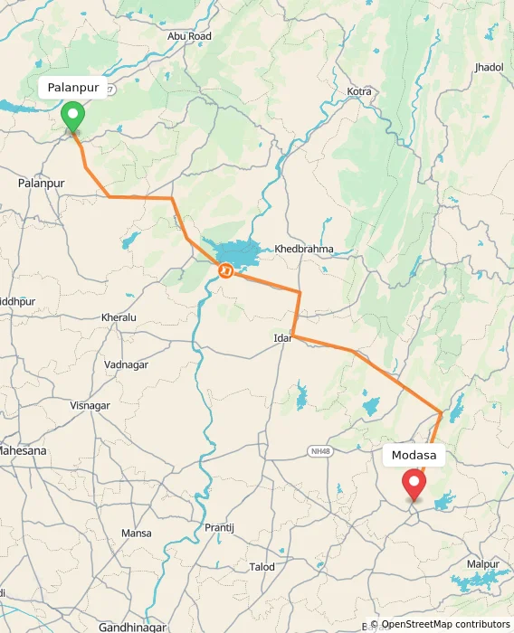 Route map showing distance and travel time from Palanpur, India to Modasa, India