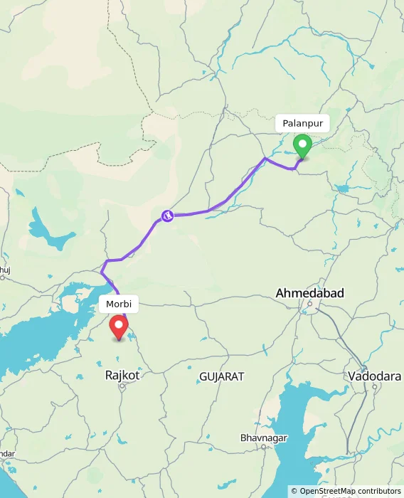 Route map showing distance and travel time from Palanpur, India to Morbi, India
