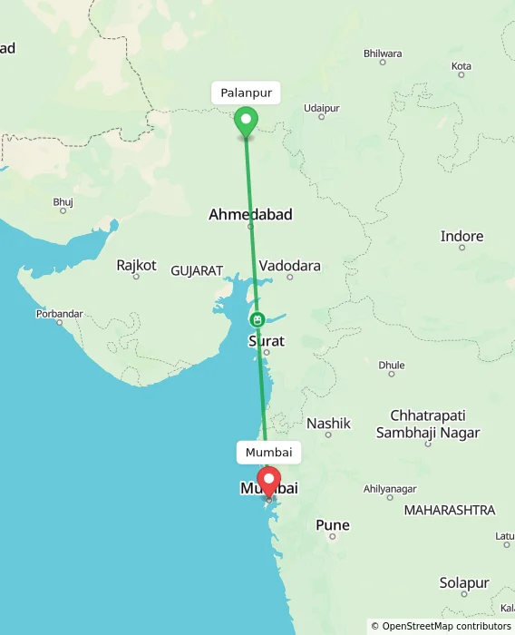 Route map showing distance and travel time from Palanpur, India to Mumbai, India