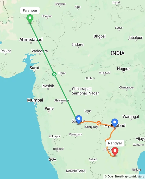 Route map showing distance and travel time from Palanpur, India to Nandyal, India