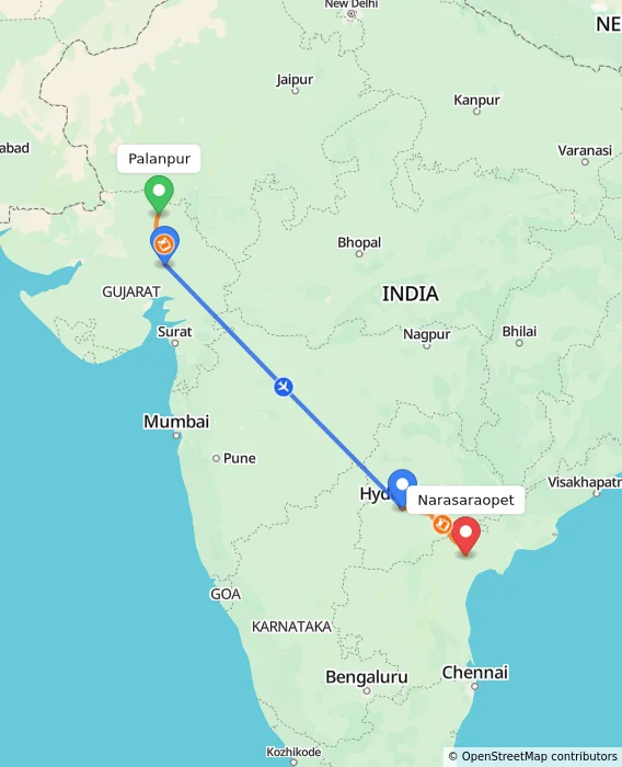 Route map showing distance and travel time from Palanpur, India to Narasaraopet, India
