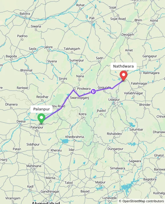 Route map showing distance and travel time from Palanpur, India to Nathdwara, India
