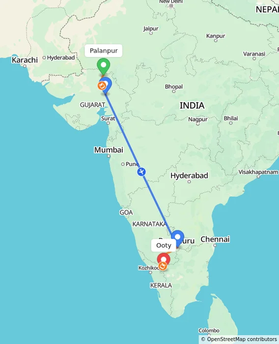 Route map showing distance and travel time from Palanpur, India to Ooty, India