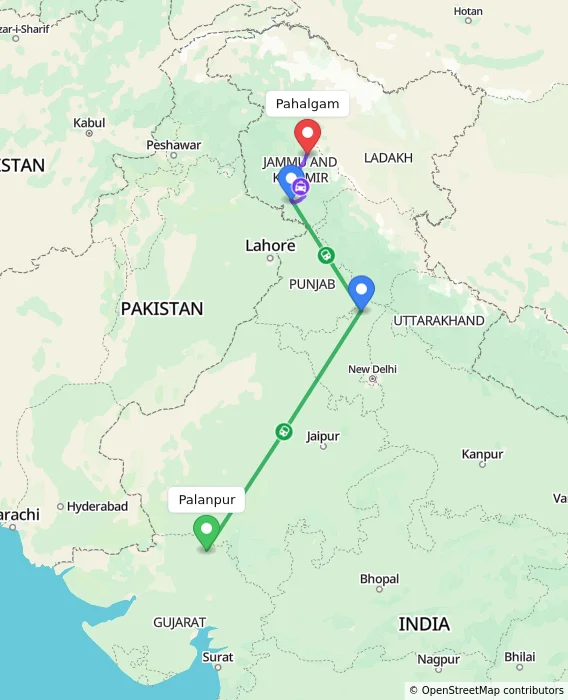 Route map showing distance and travel time from Palanpur, India to Pahalgam, India