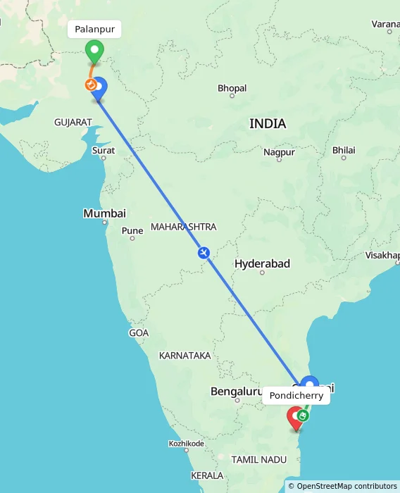 Route map showing distance and travel time from Palanpur, India to Puducherry, India